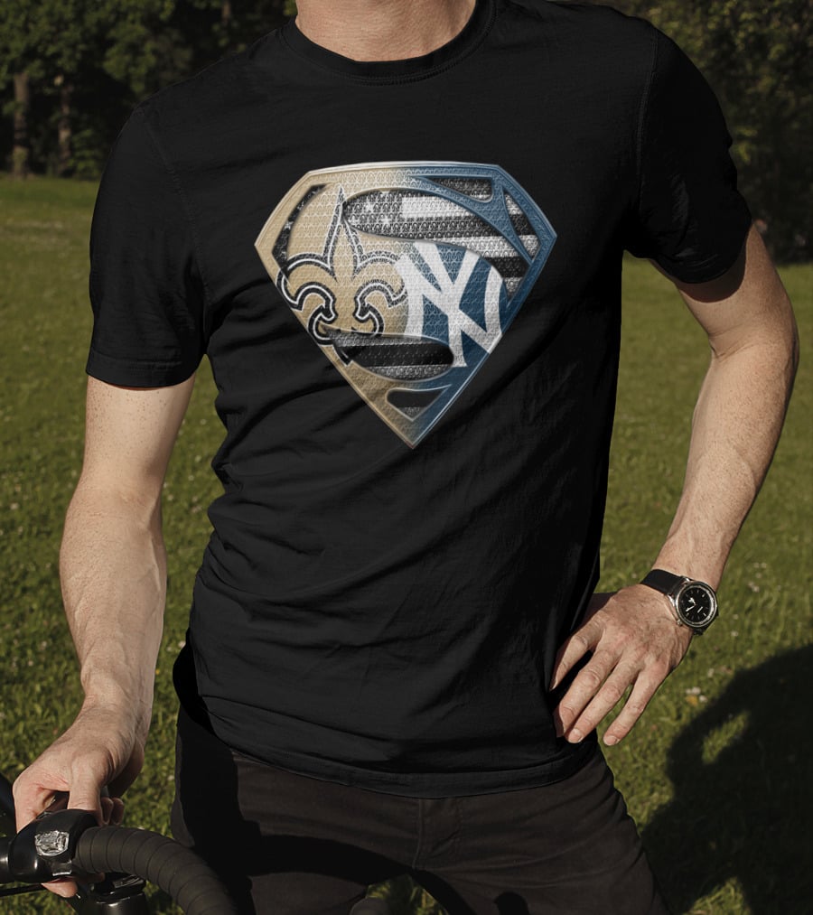 Superman Shield New York Yankees New Orleans Saints Logo Combination T-Shirt
