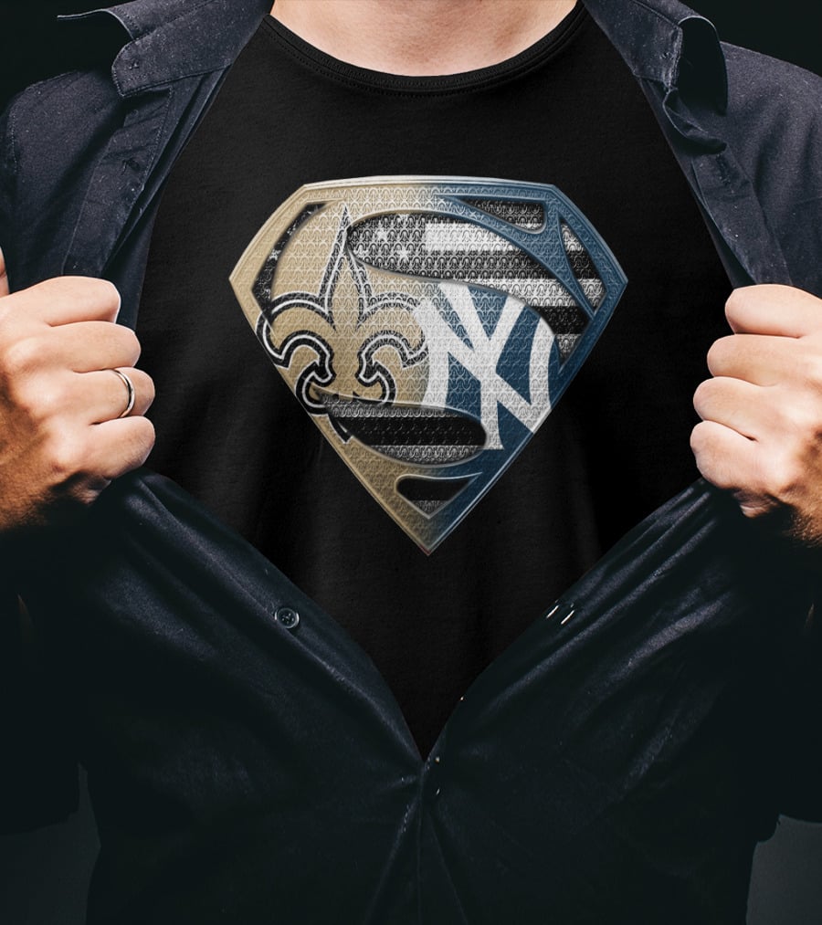 Superman Shield New York Yankees New Orleans Saints Logo Combination T-Shirt