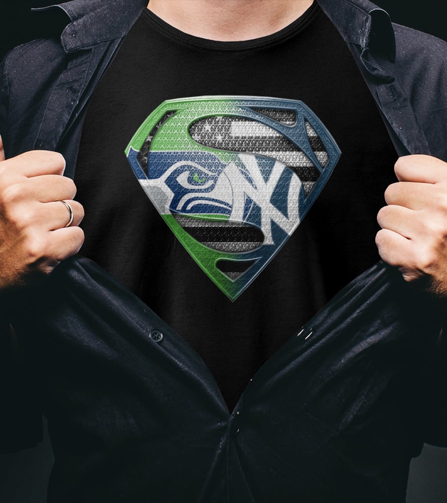 Seattle Seahawks New York Yankees Superman Shield Logo Mashup T-Shirt