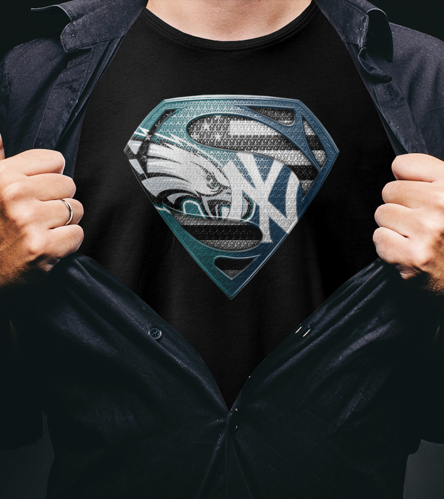 Superman Philadelphia Eagles New York Yankees Logo Fusion T-Shirt