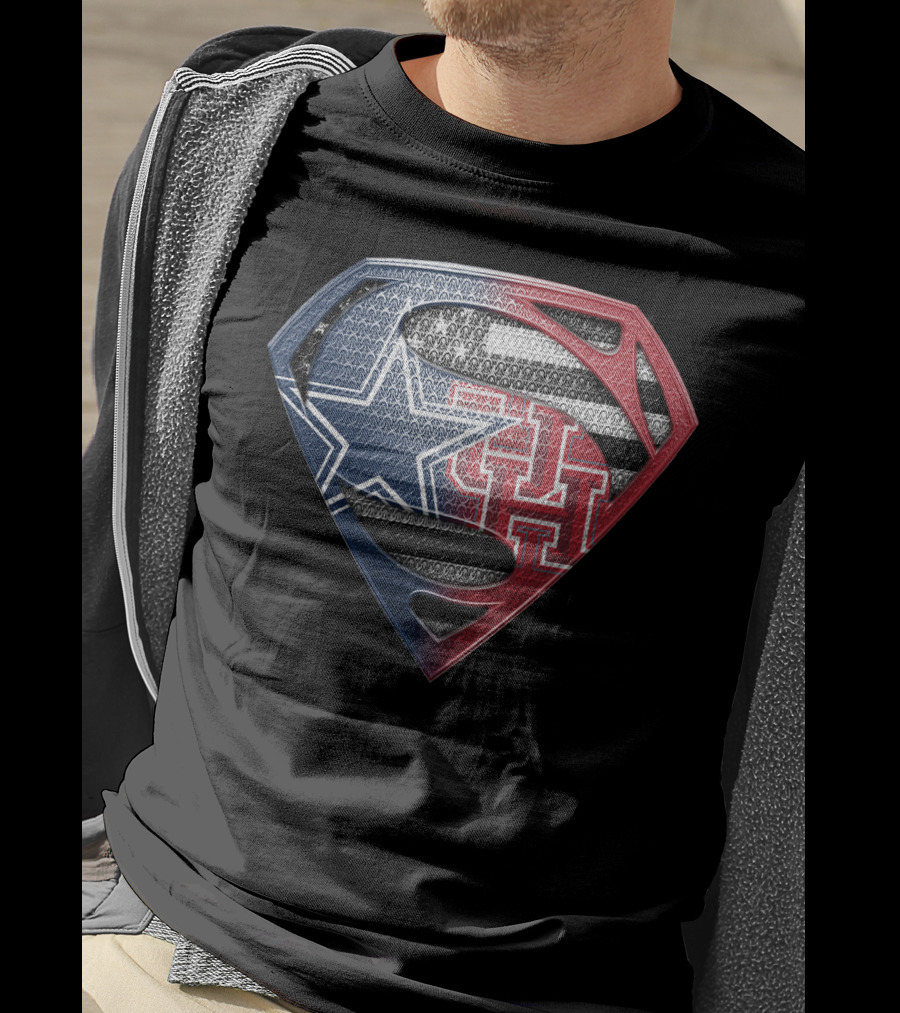 Houston Cougars Superman Shield Logo Usa Flag T-Shirt