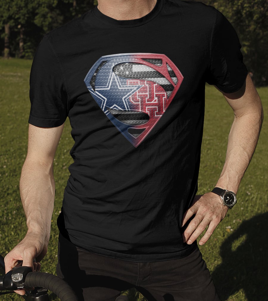 Houston Cougars Superman Shield Logo Usa Flag T-Shirt