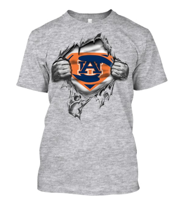 Auburn University Au Logo Superhero Emblem Ripping Through Gray T-Shirt