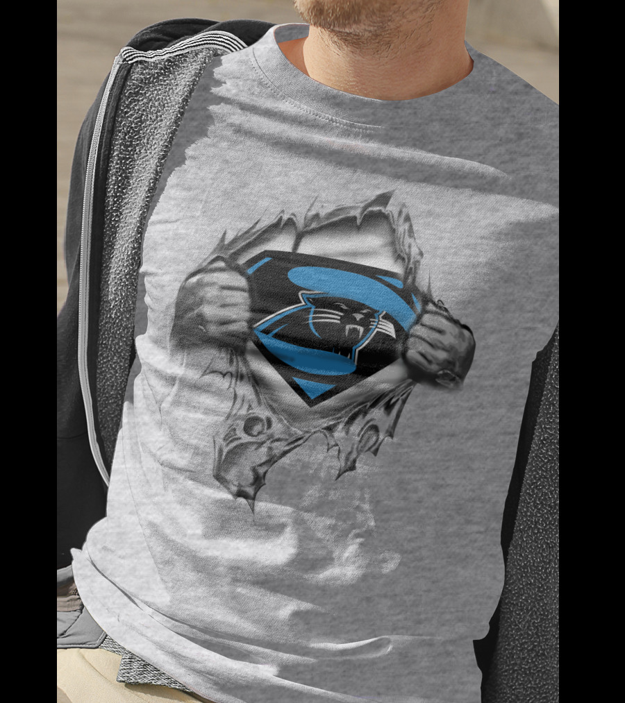 Superman Carolina Panthers Logo Crossover Busting Through T-Shirt