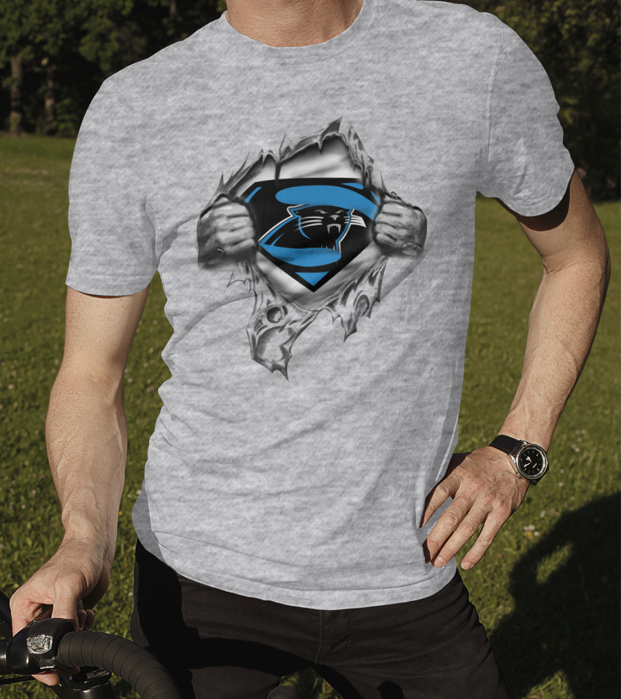 Superman Carolina Panthers Logo Crossover Busting Through T-Shirt