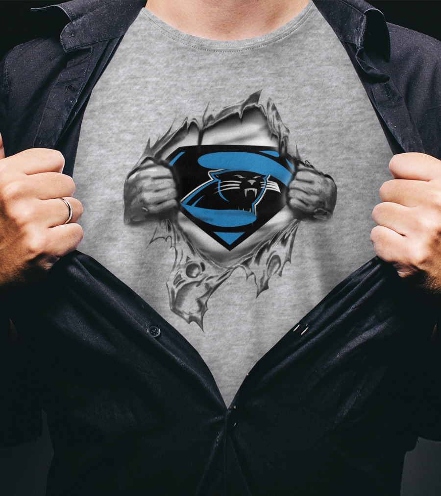 Superman Carolina Panthers Logo Crossover Busting Through T-Shirt