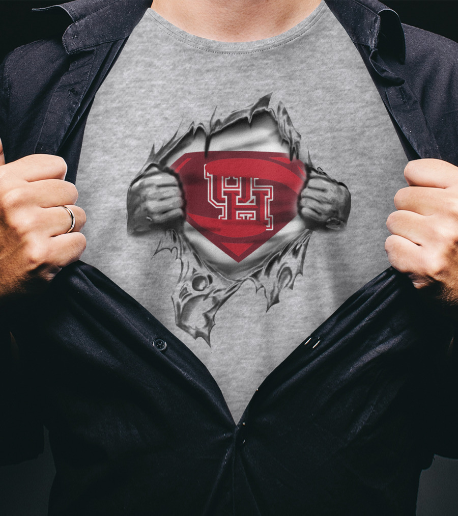 University Of Houston Superhero Emblem Hands Ripping Open T-Shirt