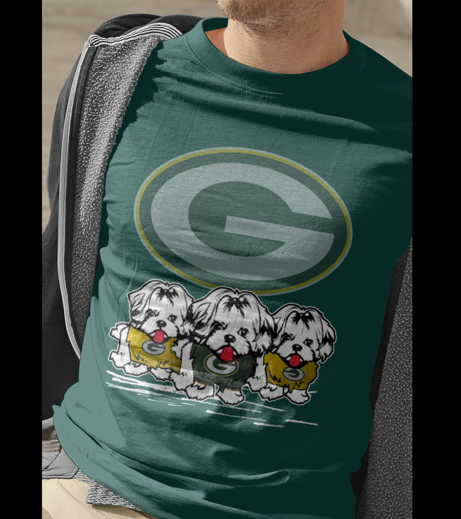 Green Bay Packers Logo With Three Dogs In Jerseys T-Shirt