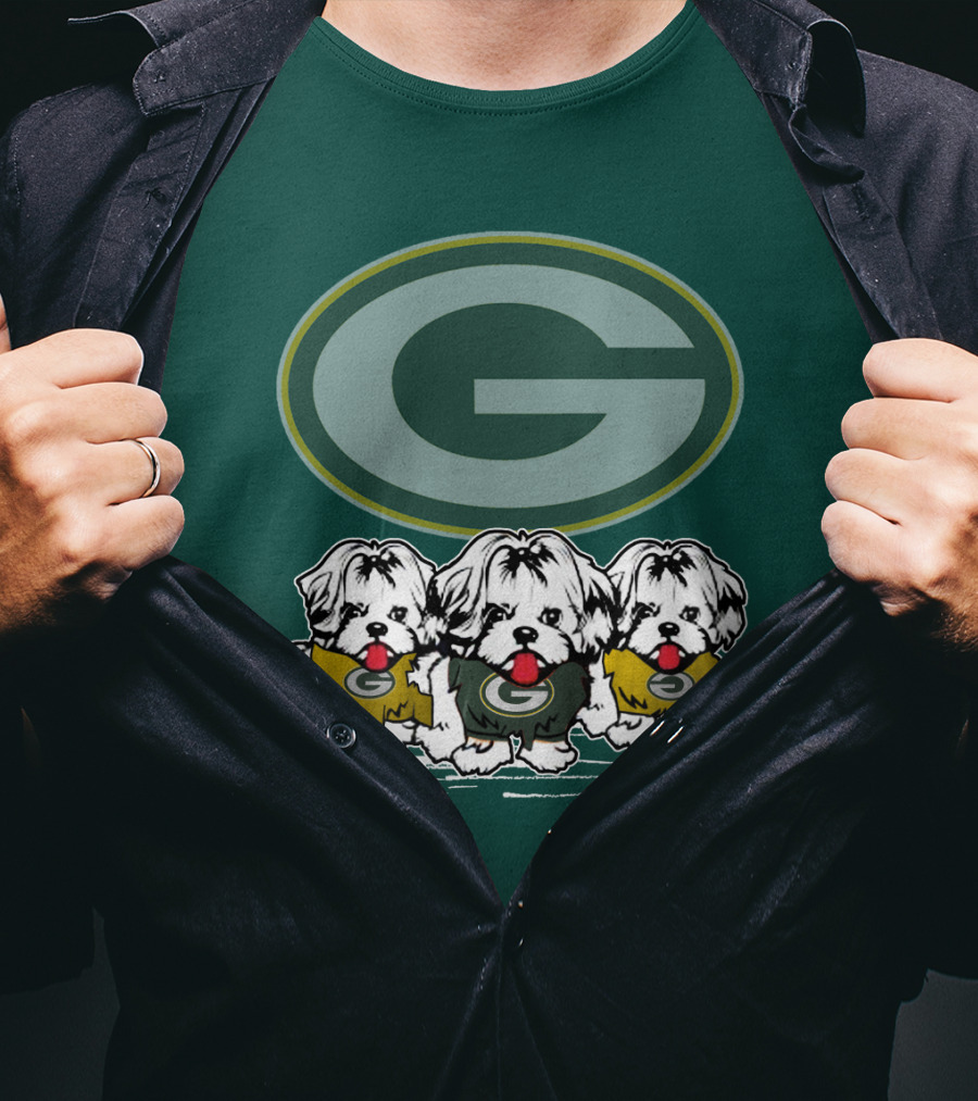 Green Bay Packers Logo With Three Dogs In Jerseys T-Shirt