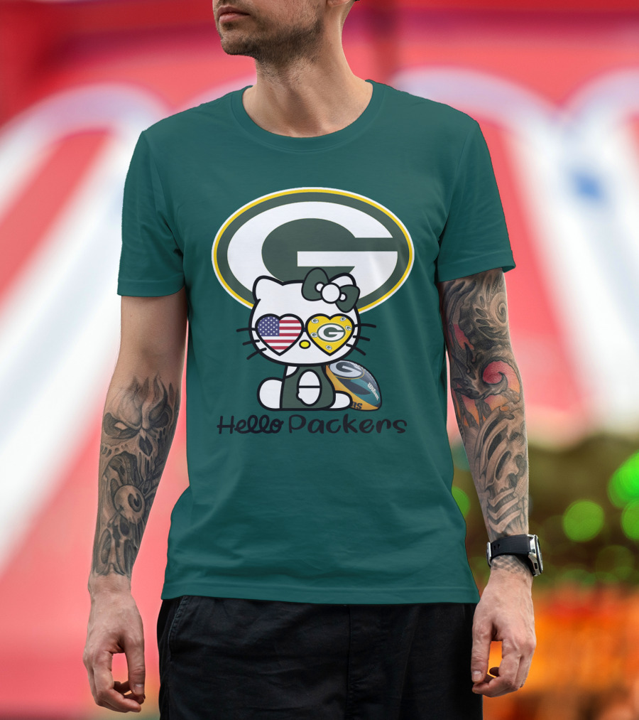 Hello Packers Green Bay Packers Football Fan Art Featuring Kitty With American Flag Heart T-Shirt