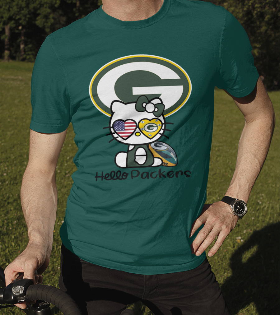 Hello Packers Green Bay Packers Football Fan Art Featuring Kitty With American Flag Heart T-Shirt