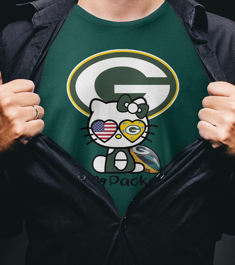 Hello Packers Green Bay Packers Football Fan Art Featuring Kitty With American Flag Heart T-Shirt