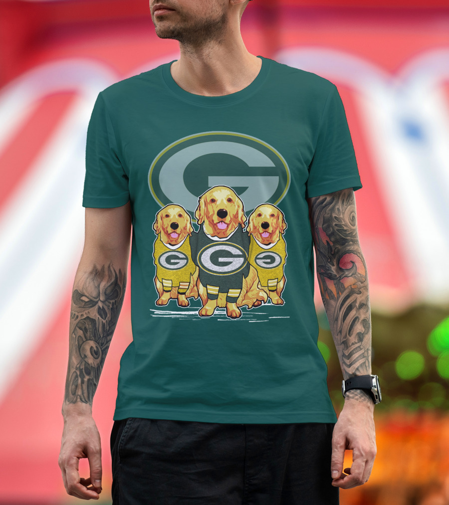 Green Bay Packers Golden Retrievers Sporting Green And Gold Attire T-Shirt