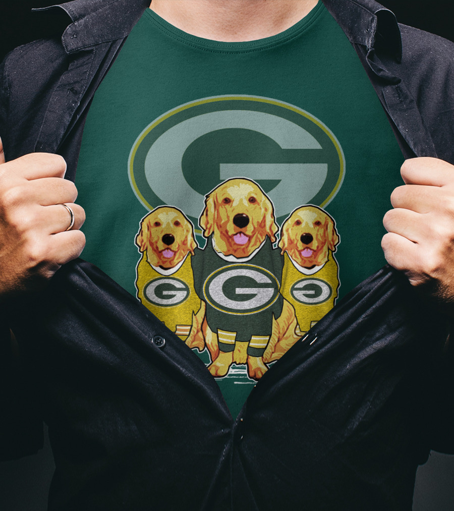 Green Bay Packers Golden Retrievers Sporting Green And Gold Attire T-Shirt