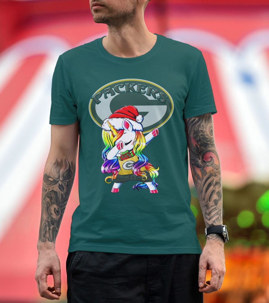 Packers Unicorn Dabbing Santa Hat Green Gold T-Shirt