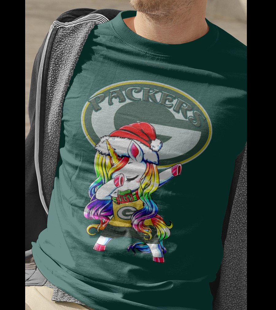 Packers Unicorn Dabbing Santa Hat Green Gold T-Shirt