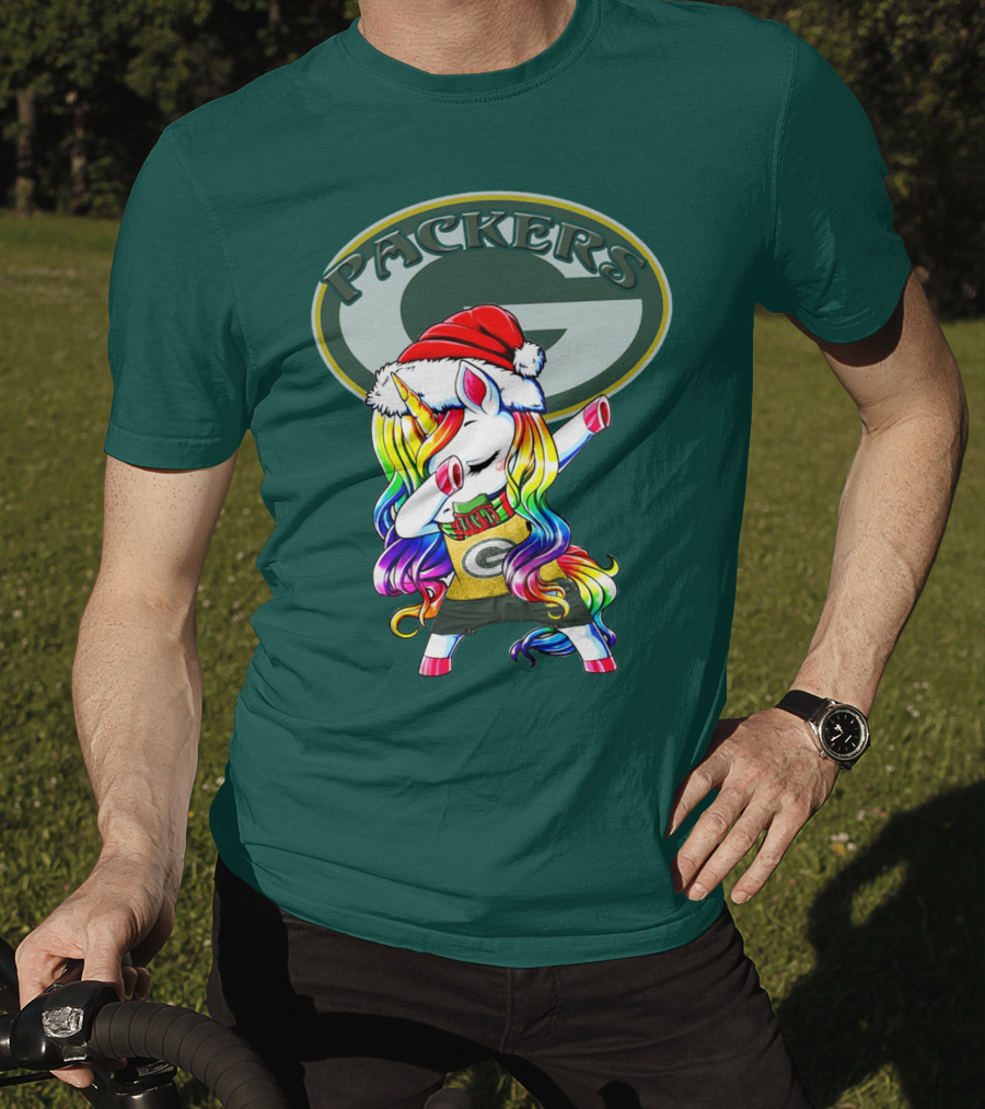 Packers Unicorn Dabbing Santa Hat Green Gold T-Shirt