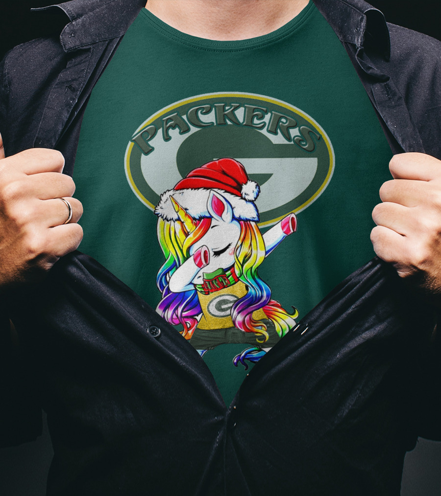 Packers Unicorn Dabbing Santa Hat Green Gold T-Shirt