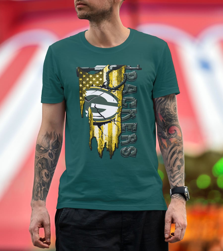 Green Bay Packers American Flag Cracked T-Shirt