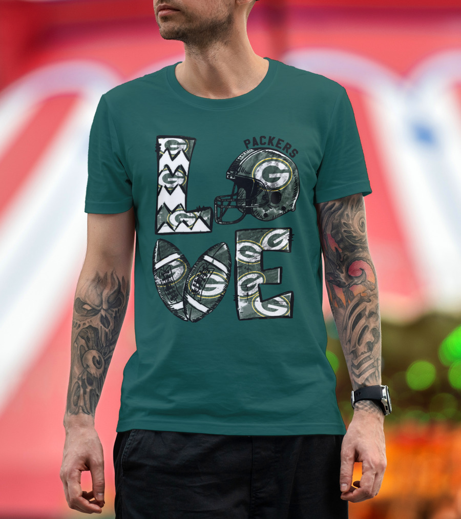 Packers Love Football Helmet And Ball Green Bay Packers T-Shirt