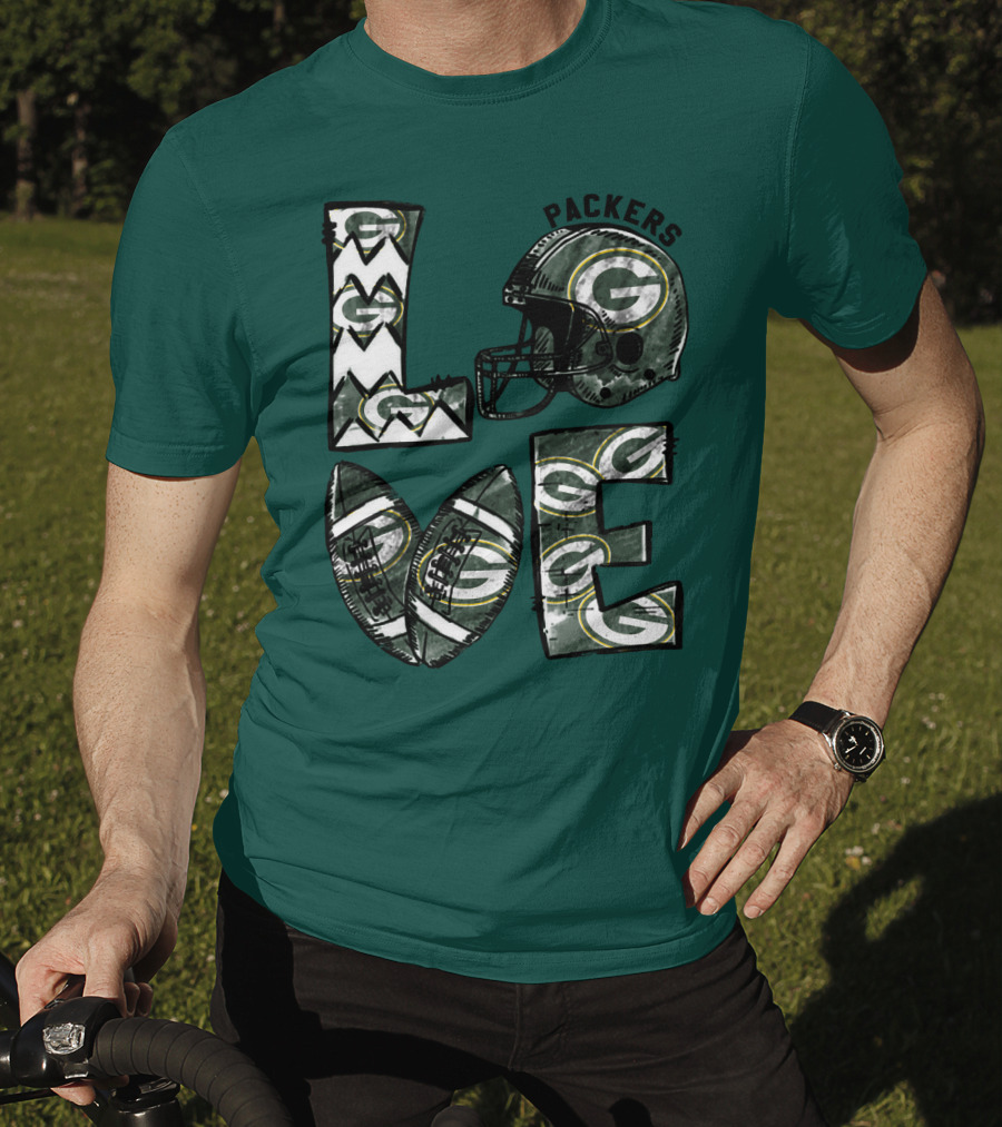Packers Love Football Helmet And Ball Green Bay Packers T-Shirt