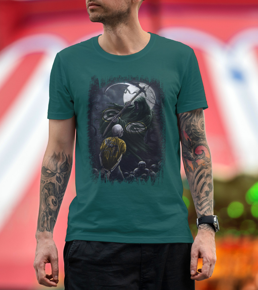 Green Bay Packers Grim Reaper Scene With Skeleton Under Moonlight T-Shirt