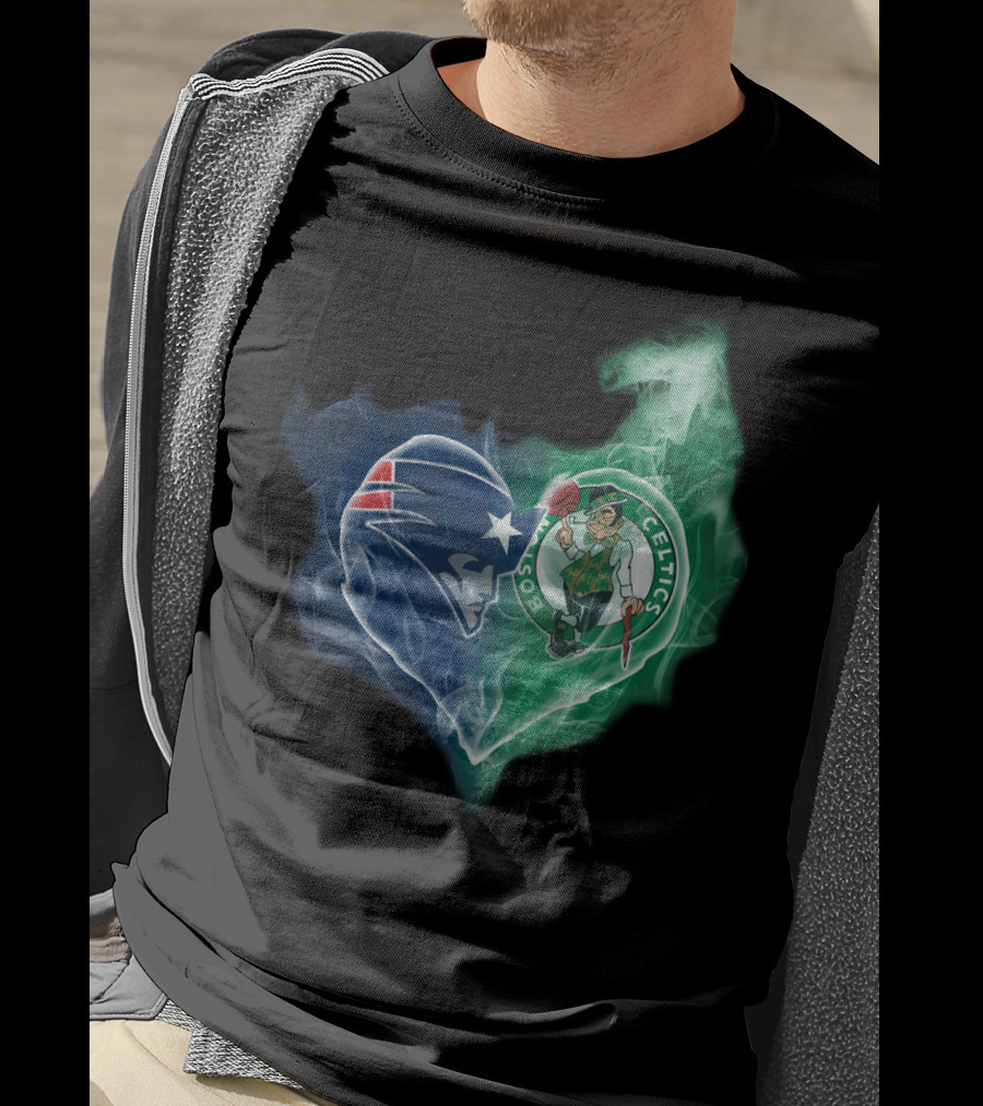 New England Patriots Boston Celtics Heart Smoke Fusion T-Shirt