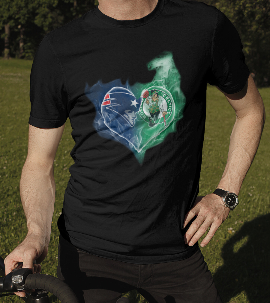 New England Patriots Boston Celtics Heart Smoke Fusion T-Shirt