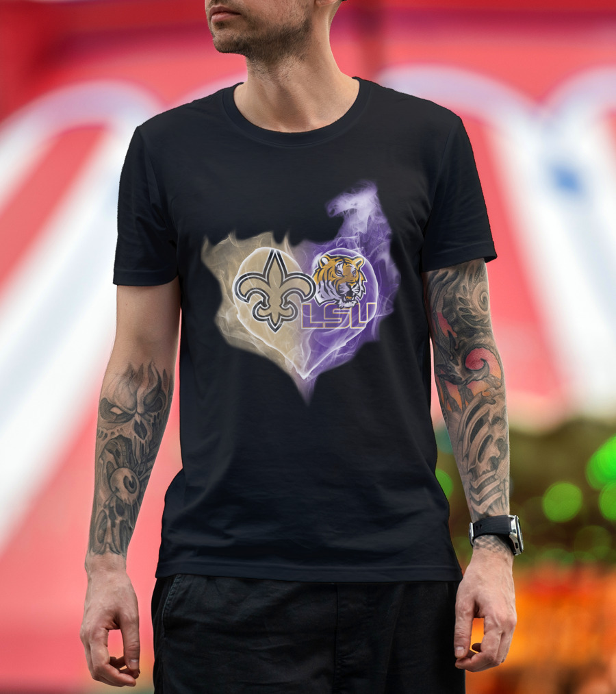 New Orleans Saints Fleur-De-Lis And Lsu Tigers Logo Heart T-Shirt