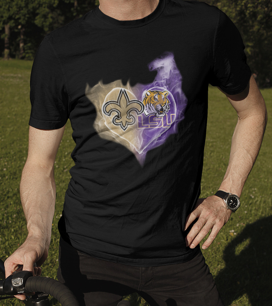 New Orleans Saints Fleur-De-Lis And Lsu Tigers Logo Heart T-Shirt