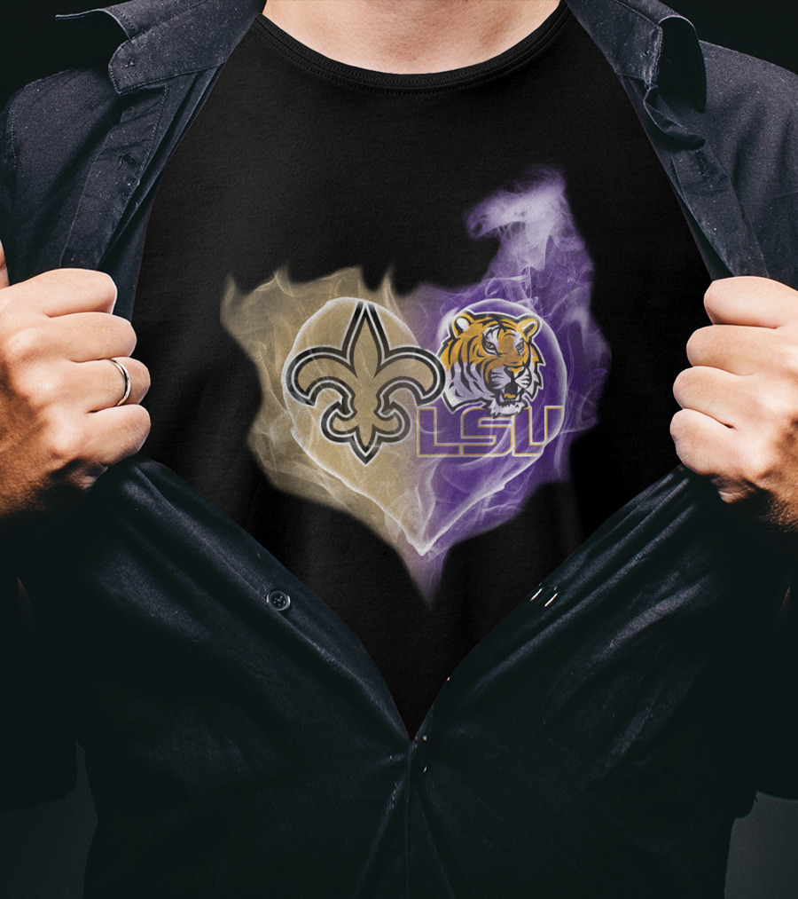 New Orleans Saints Fleur-De-Lis And Lsu Tigers Logo Heart T-Shirt
