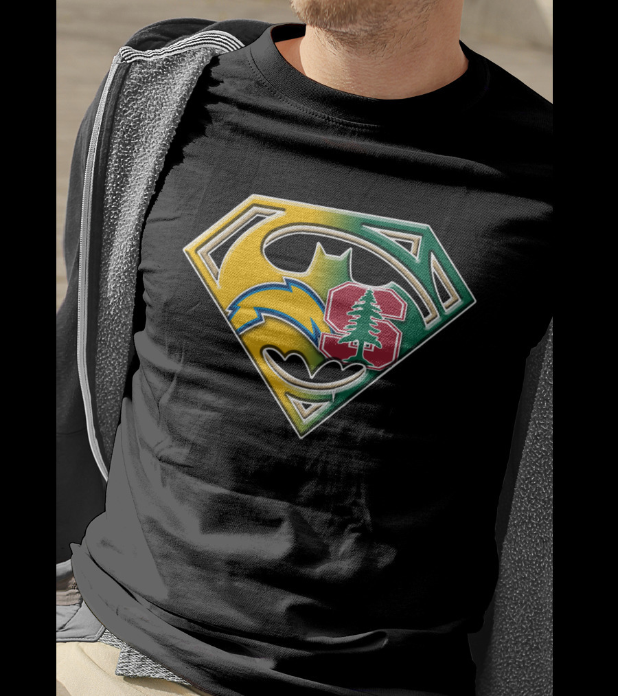 Los Angeles Chargers And Stanford Cardinal Bat Superman Logo Fusion T-Shirt