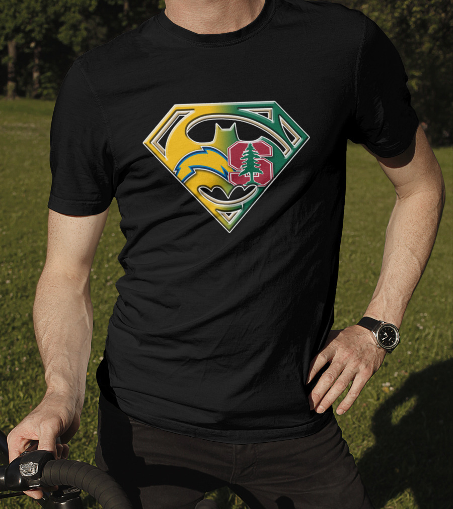 Los Angeles Chargers And Stanford Cardinal Bat Superman Logo Fusion T-Shirt