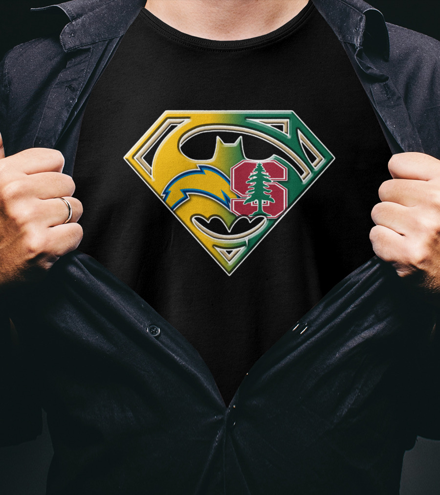Los Angeles Chargers And Stanford Cardinal Bat Superman Logo Fusion T-Shirt