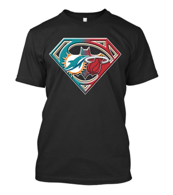 Miami Dolphins Batman Superman Miami Heat Logo Mashup T-Shirt