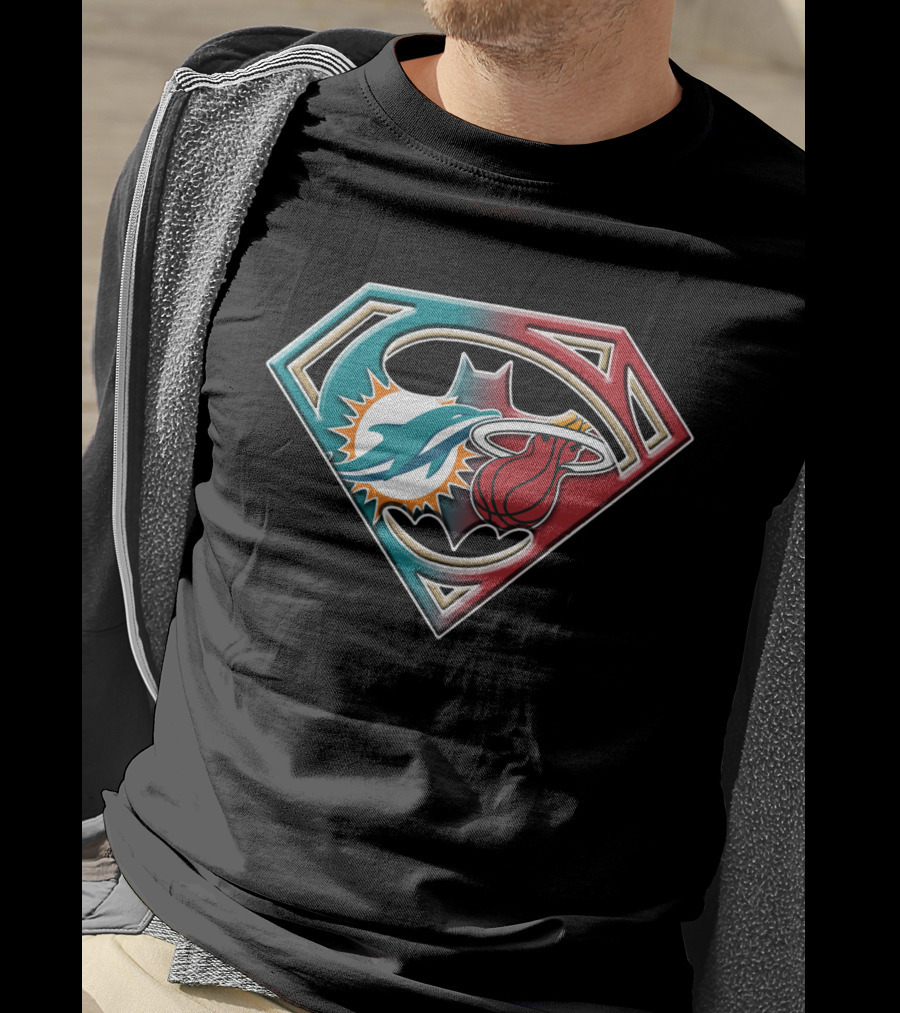Miami Dolphins Batman Superman Miami Heat Logo Mashup T-Shirt
