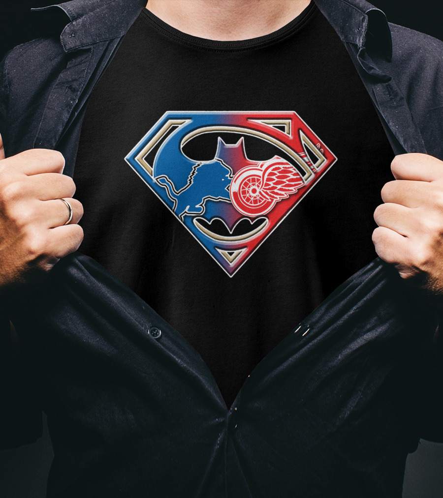 Detroit Sports Superman Batman Red Wings Lions T-Shirt