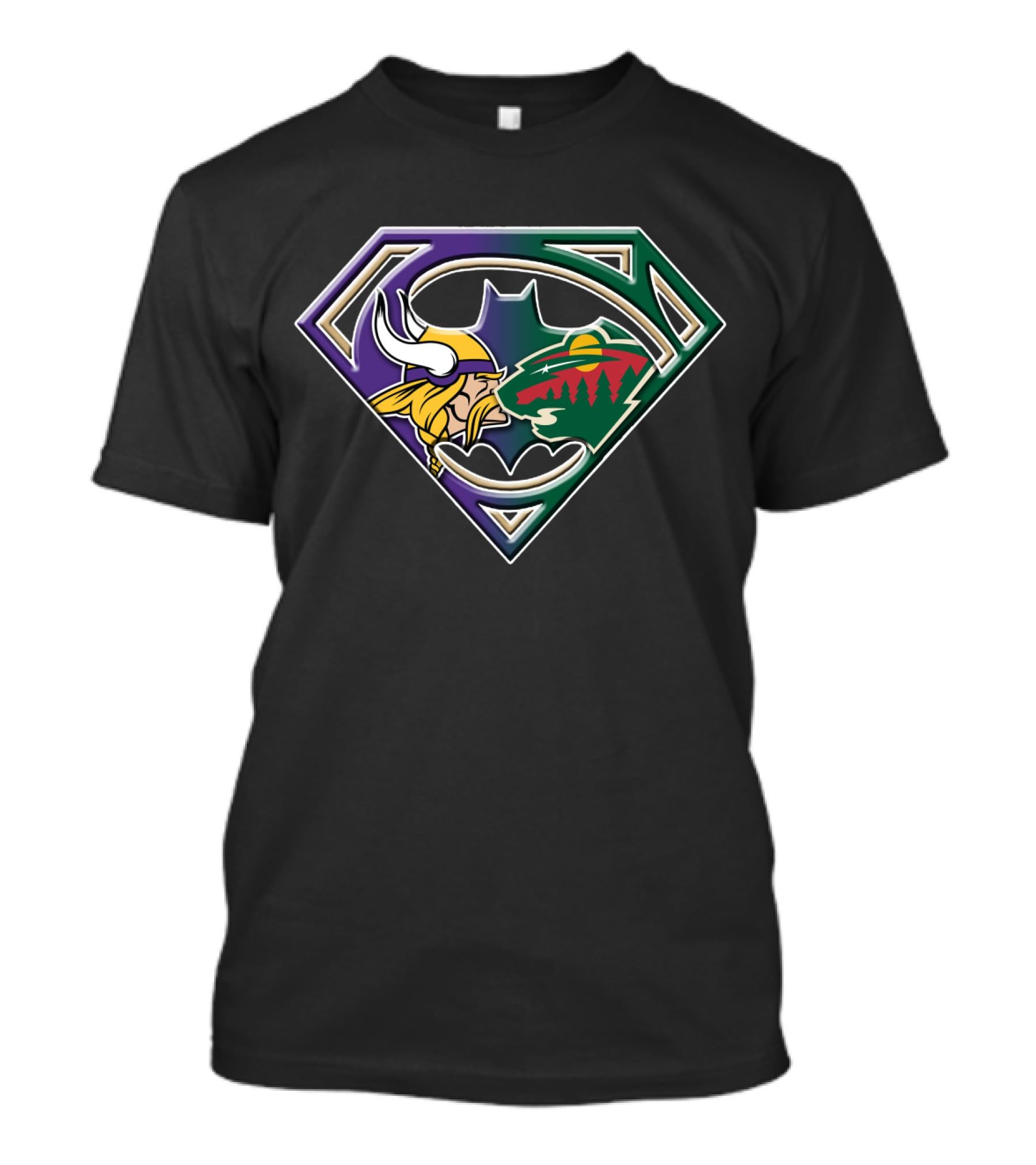 Batman Superman Minnesota Vikings And Wild Logo Fusion T-Shirt