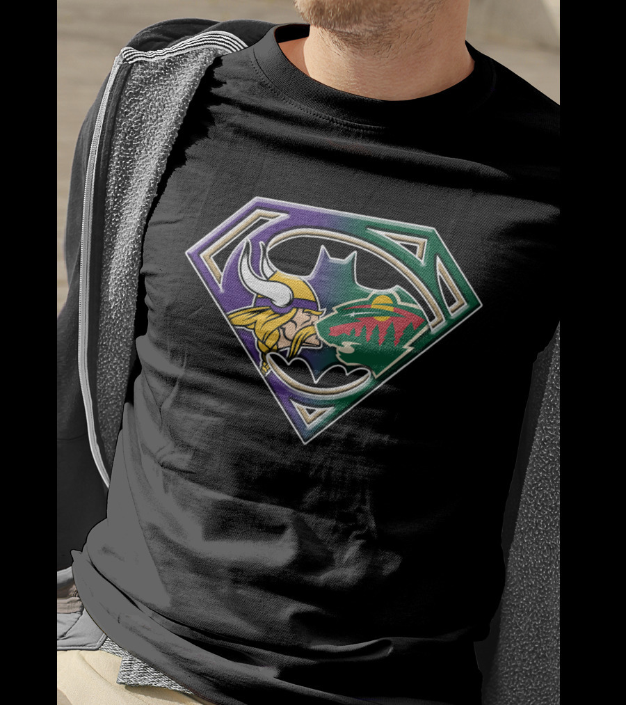 Batman Superman Minnesota Vikings And Wild Logo Fusion T-Shirt