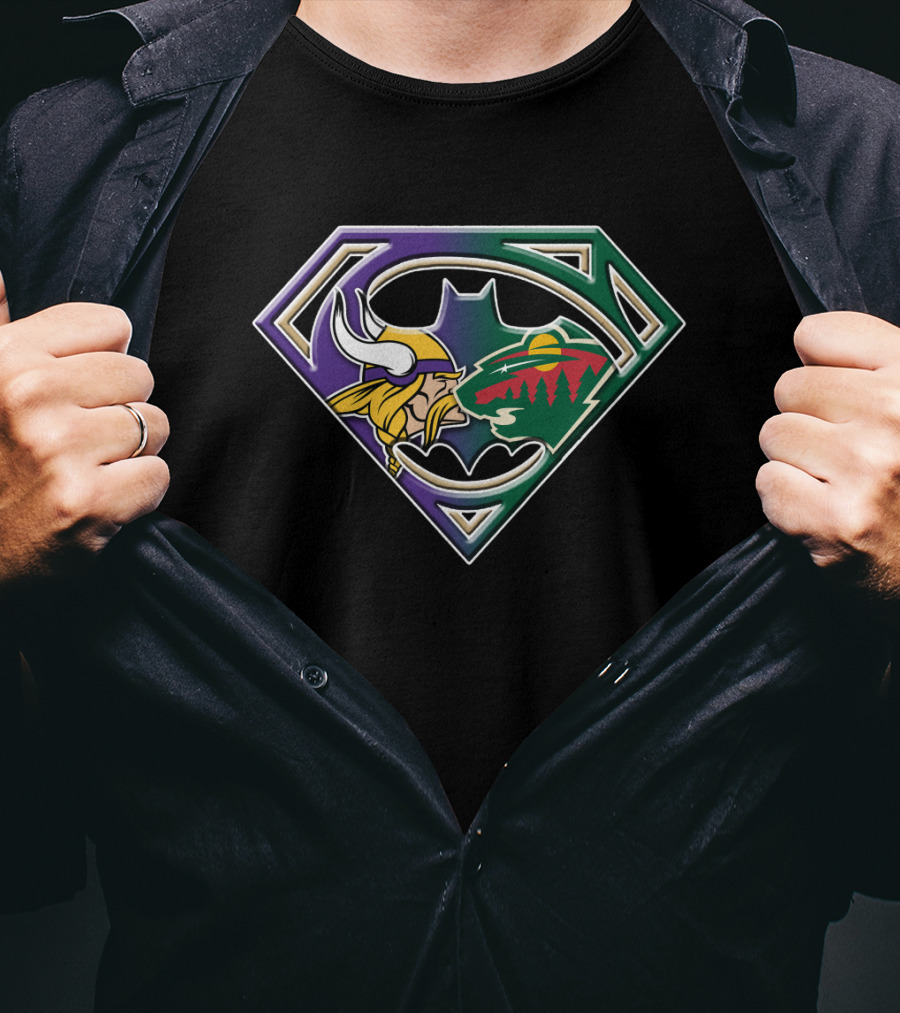 Batman Superman Minnesota Vikings And Wild Logo Fusion T-Shirt