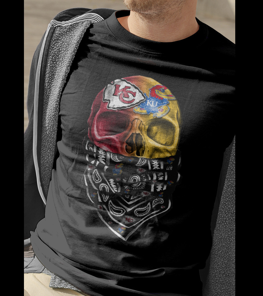 Kc Chiefs Ku Jayhawks Skull Bandana T-Shirt