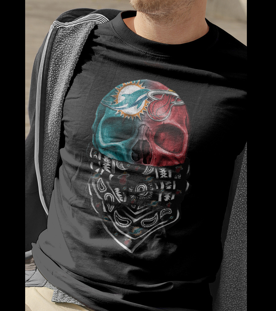 Miami Dolphins And Heat Skull Bandana Combination T-Shirt