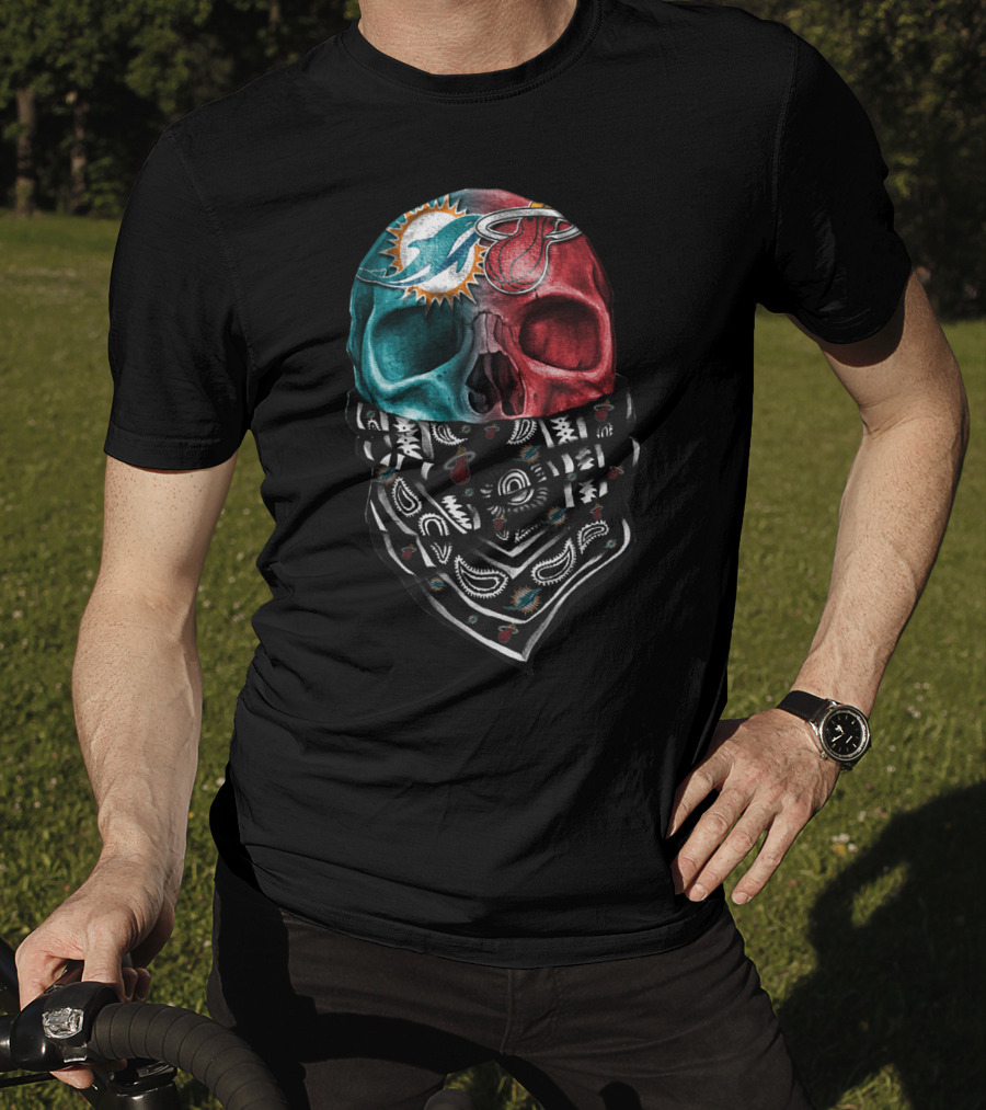 Miami Dolphins And Heat Skull Bandana Combination T-Shirt