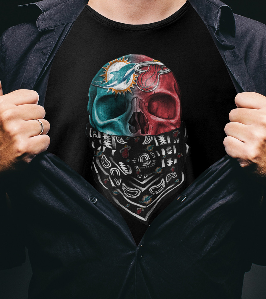 Miami Dolphins And Heat Skull Bandana Combination T-Shirt