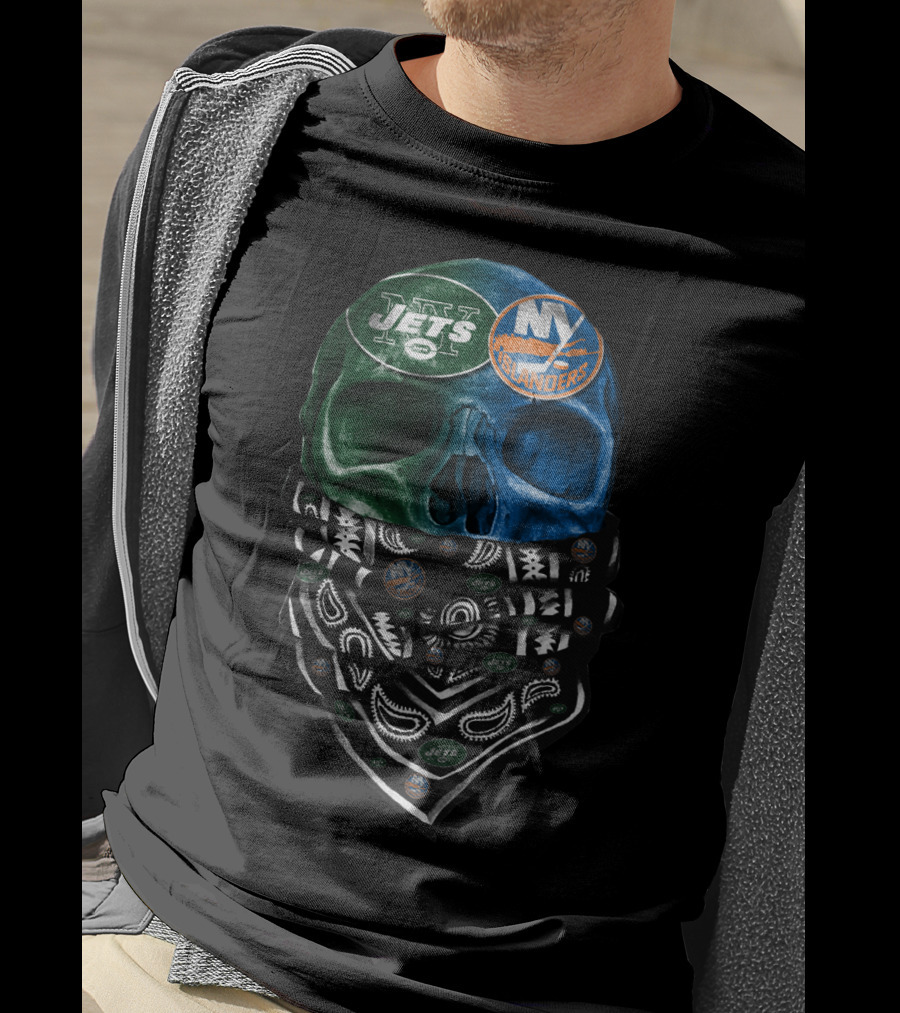 Ny Jets Islanders Dual Skull Bandana Sku 068 T-Shirt
