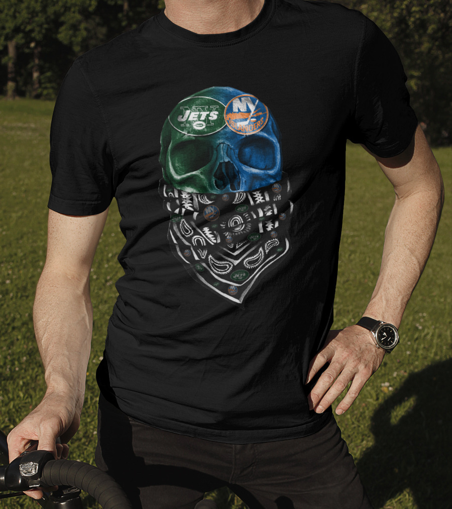 Ny Jets Islanders Dual Skull Bandana Sku 068 T-Shirt