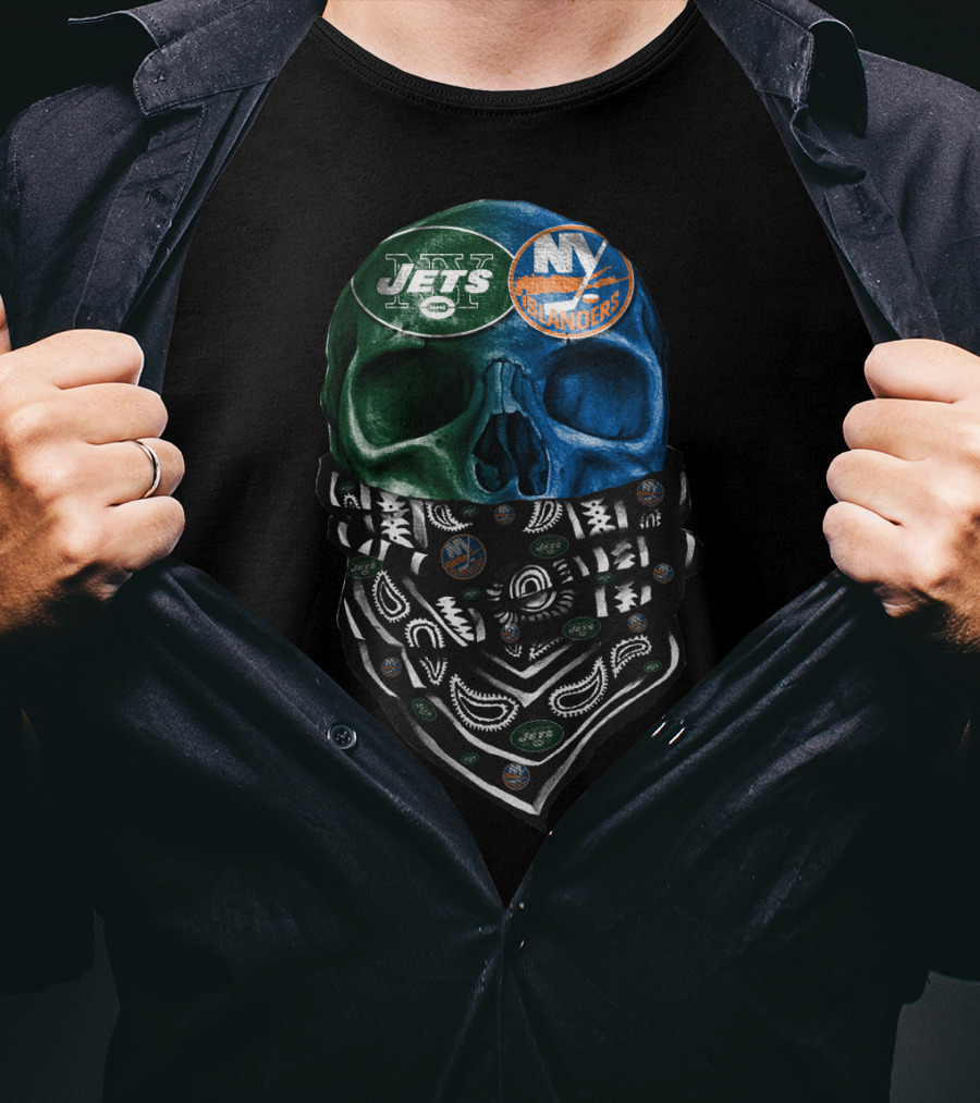Ny Jets Islanders Dual Skull Bandana Sku 068 T-Shirt