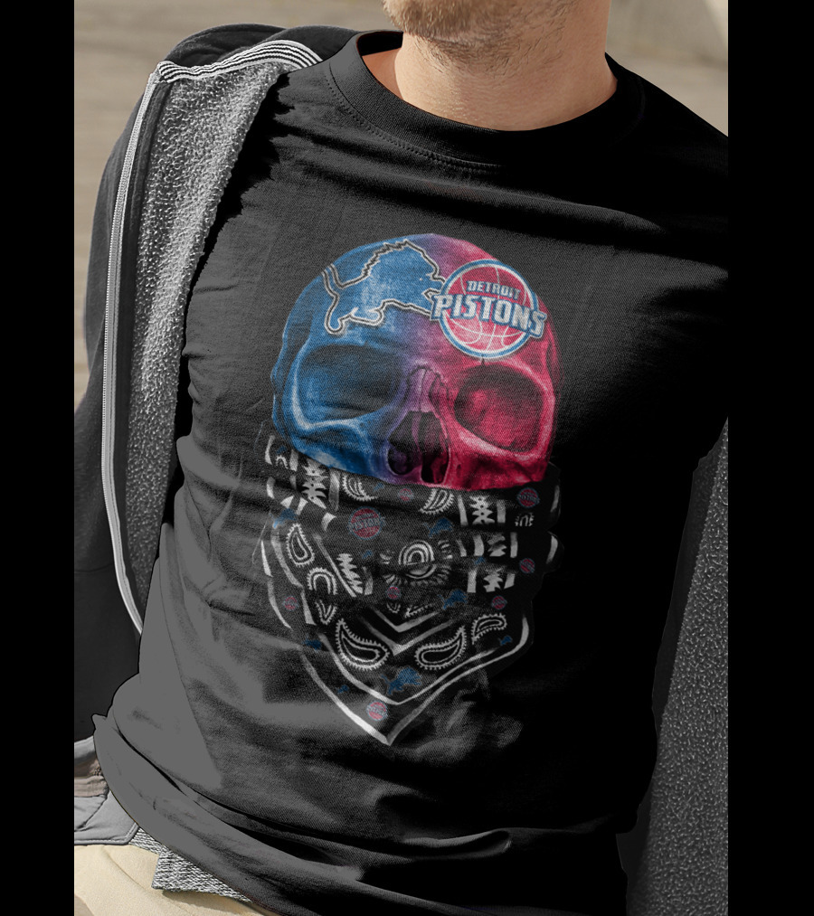 Detroit Pistons Lions Bandana Skull T-Shirt