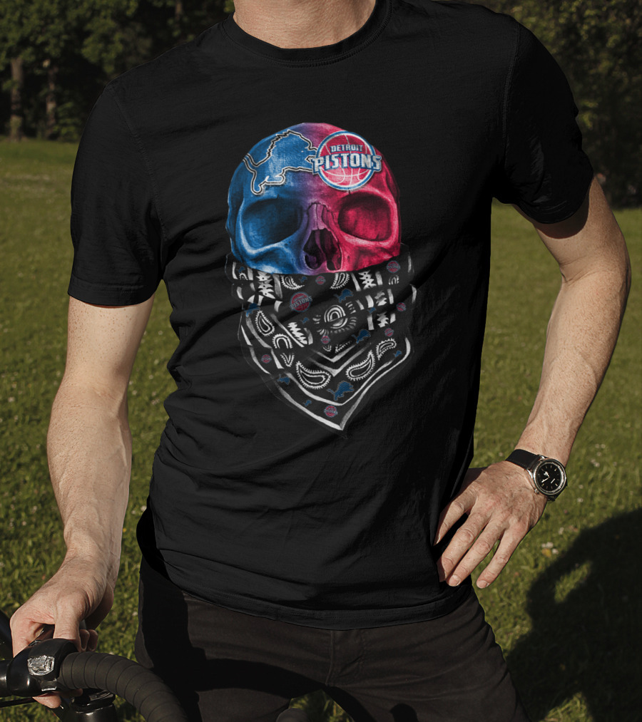 Detroit Pistons Lions Bandana Skull T-Shirt