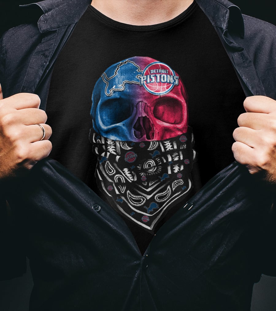 Detroit Pistons Lions Bandana Skull T-Shirt